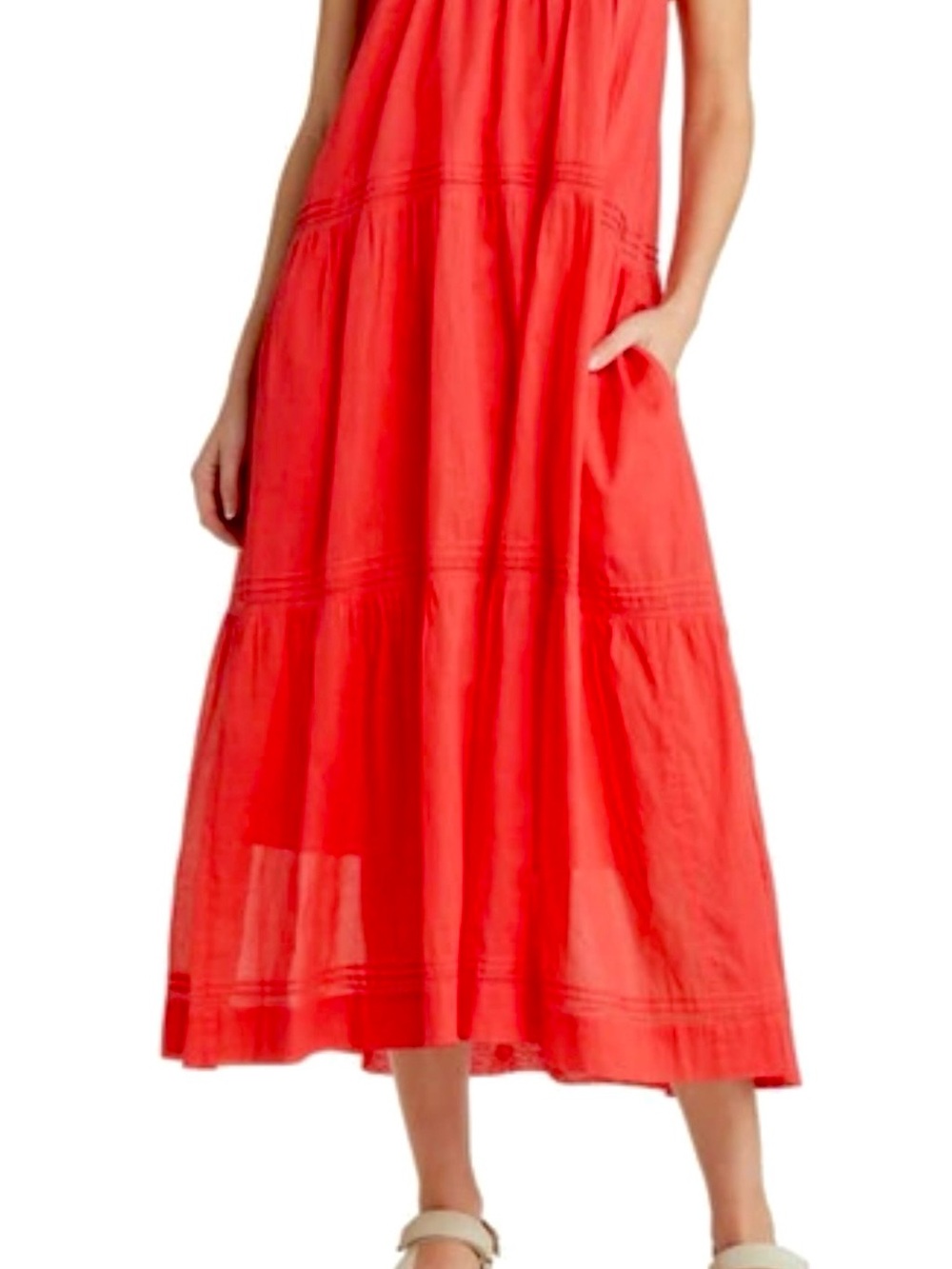 The GREAT. tiered, midi dress, ruffle, shoulder / matching slip and pockets - Picture 6 of 6
